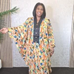 Butterfly Print Silk Boubou Dress: V-Neck Kaftan Gown UK 20