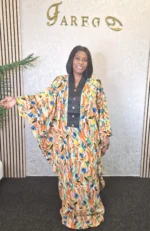 Butterfly Print Silk Boubou Dress: V-Neck Kaftan Gown UK 20